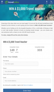 TravelOnline – Win a $1000 Travel Voucher (prize valued at $1,000)