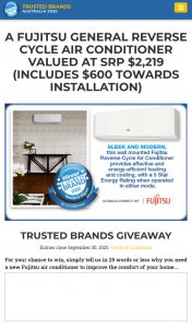 Trusted Brands – Win a Fujitsu Reverse Cycle Air Conditioner (prize valued at $2,219)