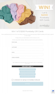 Purebaby – Win 1 of 5 $200 Purebaby Gift Cards (prize valued at $1,000)