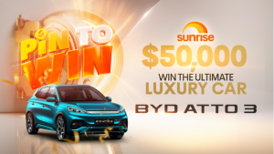 Channel 7 – Sunrise Pin to Win a BYD ATTO 3 in the colour Surf Blue PLUS flights to Sydney (total prize valued over $53K)